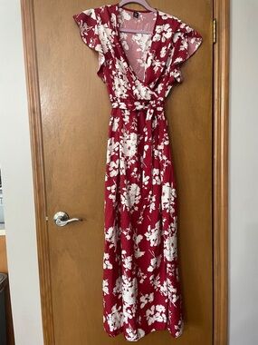 SHEIN Red Floral Wrap Maxi Dress with White Botanical Print